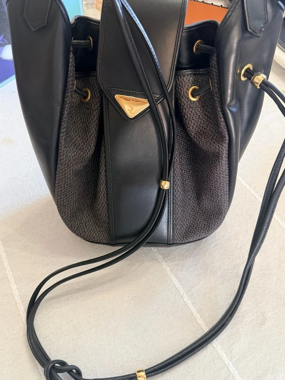 Yves Saint Laurent Black Leather and Tweed Shoulder bucket Drawstring Bag